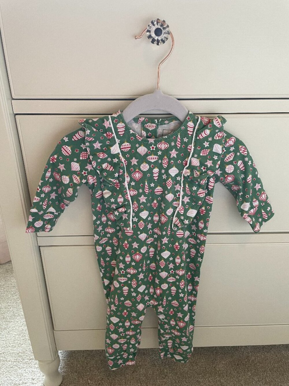 Lila and Hayes Baby Girl Christmas Ornament Green Ruffled Romper Size 0-3M